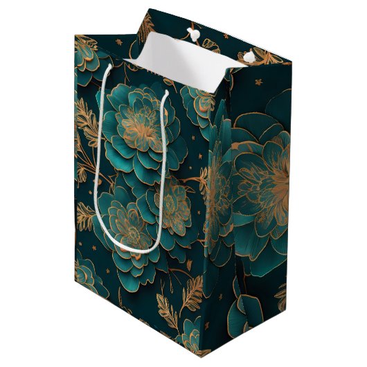 Bloemen Blauwgroen & bronzen geschenkzak Medium Cadeauzakje (Voorkant Gekanteld)