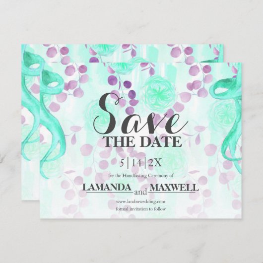 Bloemen Blauwgroen Bruiloft Paarse Handfasting Save The Date (Voorkant / Achterkant)