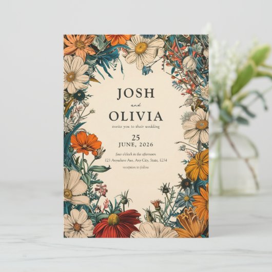 Bloemen Blauwgroen Orang Beige Bruiloft Uitnodigi Kaart (Staand voorkant)