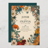 Bloemen Blauwgroen Orang Beige Bruiloft Uitnodigi Kaart (Voorkant / Achterkant)