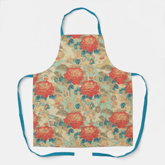 Bloemen Blauwgroen, perzik, Blauwgroen all-over pr Schort (Voorkant)