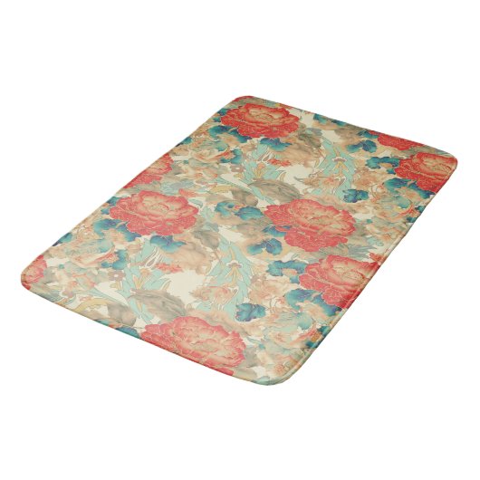 Bloemen Blauwgroen, Perzik, Blauwgroen met sierade Badmat (Gekanteld)