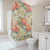 Bloemen Blauwgroen, Perzik, Blauwgroen met sierade Douchegordijn (In situ)