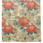 Bloemen Blauwgroen, Perzik, Blauwgroen met sierade Douchegordijn (Voorkant)