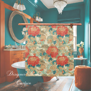 Bloemen Blauwgroen, Perzik, Blauwgroen met sierade Douchegordijn