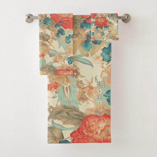 Bloemen Blauwgroen, Perzik, Blauwgroen met sierlij Bad Handdoek (Insitu)