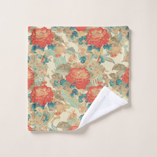 Bloemen Blauwgroen, Perzik, Blauwgroen met sierlij Bad Handdoek (Wasdoekje)