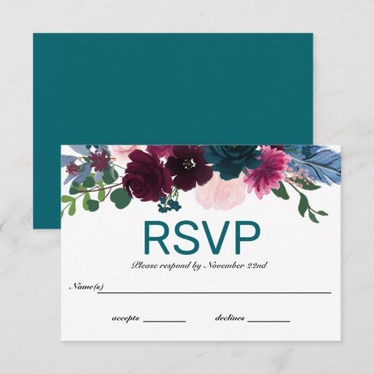 Bloemen Blauwgroen - RSVP Kaart (Voorkant / Achterkant)