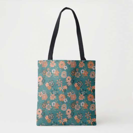 Bloemen Blauwgroen Sinaasappel Botanische Patroon  Tote Bag (Voorkant)