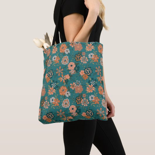 Bloemen Blauwgroen Sinaasappel Botanische Patroon  Tote Bag (Dichtbij)