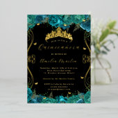 Bloemen Blauwgroen Zwart Goud Scroll Quinceanera Folie Uitnodiging (Staand Voorkant)
