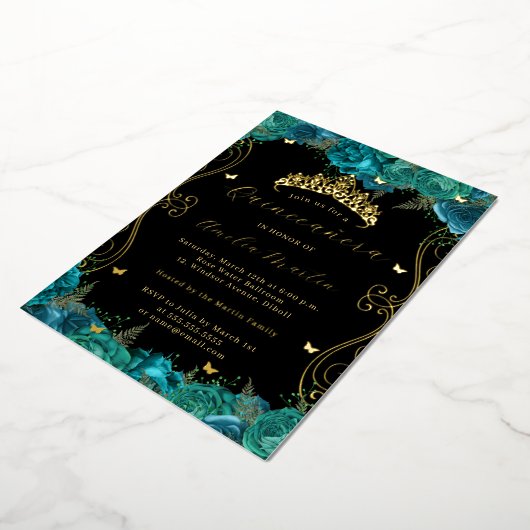 Bloemen Blauwgroen Zwart Goud Scroll Quinceanera Folie Uitnodiging (Gedraaid)