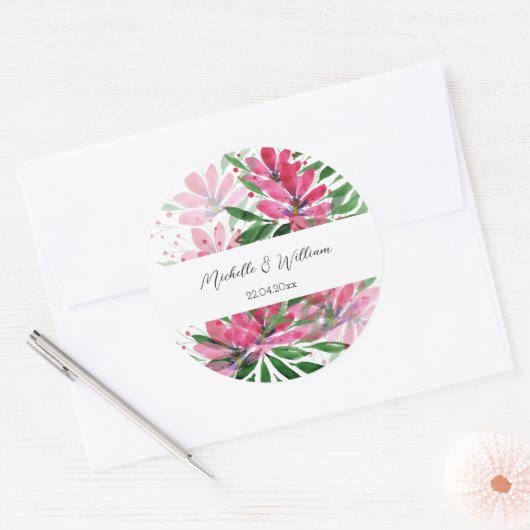 Bloemen Bloeien Originele Kunst Aquarel Met Initia Ronde Sticker (Envelop)