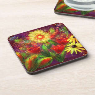 Bloemen Bloem Abstracte Kunst Rood Geel Bier Onderzetter
