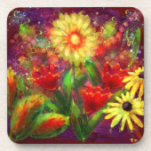 Bloemen Bloem Abstracte Kunst Rood Geel Bier Onderzetter (Voorkant)