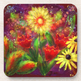 Bloemen Bloem Abstracte Kunst Rood Geel Bier Onderzetter