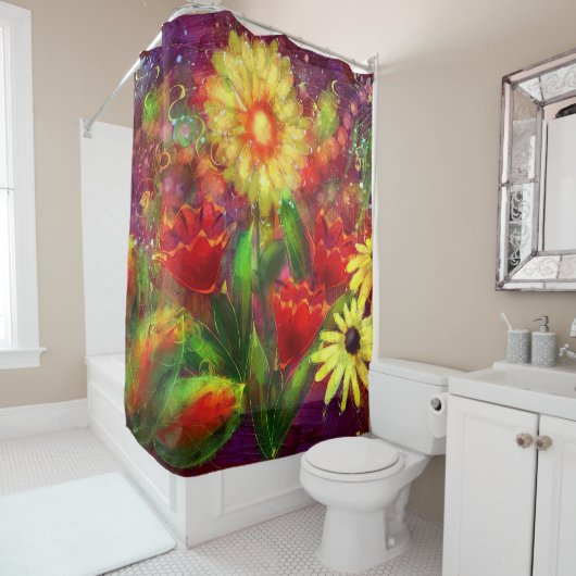 Bloemen Bloem Abstracte Kunst Rood Geel Douchegordijn (In situ)