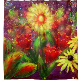 Bloemen Bloem Abstracte Kunst Rood Geel Douchegordijn