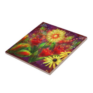 Bloemen Bloem Abstracte Kunst Rood Geel Tegeltje