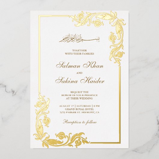 Bloemen Bloemen Grens Wit Islamitisch Trouwgoud Folie Uitnodiging (Voorkant)