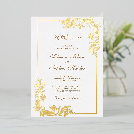 Bloemen Bloemen Grens Wit Islamitisch Trouwgoud Folie Uitnodiging (Staand Voorkant)