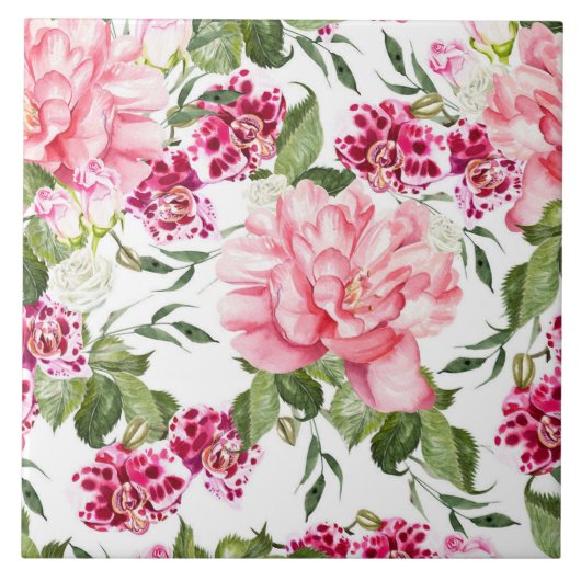 Bloemen Bloemen Waterverf Rozen Pioenrochideeën Tegeltje (Voorkant)