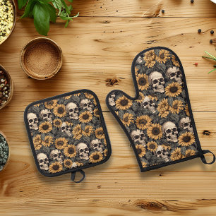 Bloemen Bloemen Zonnebloem Schedel Gothic Ovenwant & Pannenlap Set