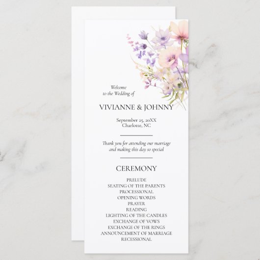 Bloemen Bloemenlavendel Paarse Violet Ceremonie Programmakaart (Voorkant / Achterkant)