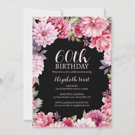 Bloemen Bloom Blush Zwart 60ste verjaardag Kaart (Voorkant)