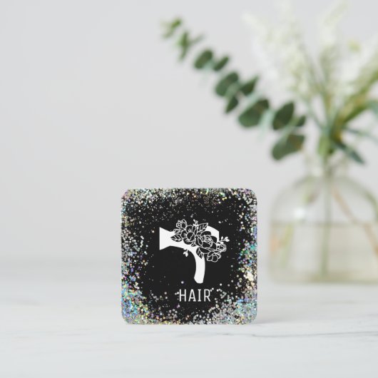 *~* Bloemen Blow Hair Dryer Flower Glitter AP6 Vierkante Visitekaartje (Staand voorkant)