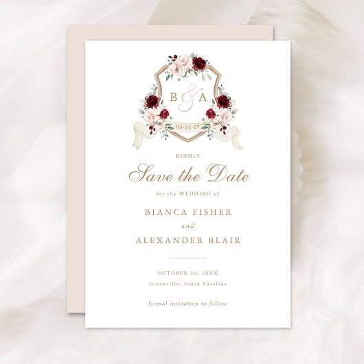 Bloemen Blush Bourgondië Crest Bruiloft Save the D Kaart