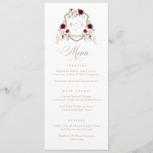 Bloemen Blush Bourgondië groen kuif bruiloft menu (Voorkant)