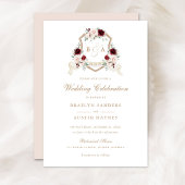 Bloemen Blush Bourgondië Monogram Crest Bruiloft Kaart