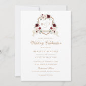 Bloemen Blush Bourgondië Monogram Crest Bruiloft Kaart (Voorkant)