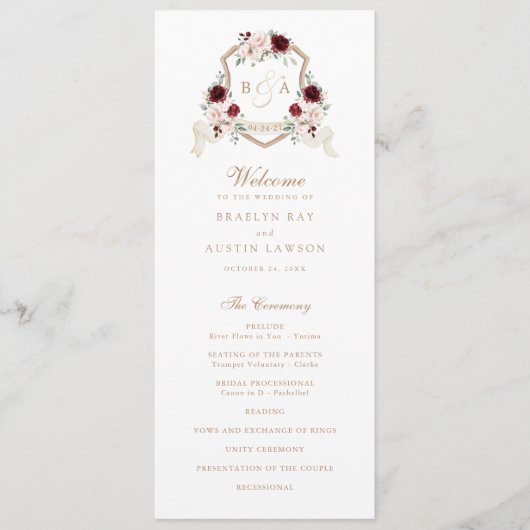Bloemen Blush Bourgondië Monogram Crest Bruiloft Programmakaart (Voorkant)
