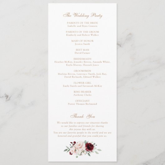 Bloemen Blush Bourgondië Monogram Crest Bruiloft Programmakaart (Achterkant)