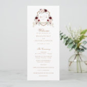 Bloemen Blush Bourgondië Monogram Crest Bruiloft Programmakaart (Staand voorkant)