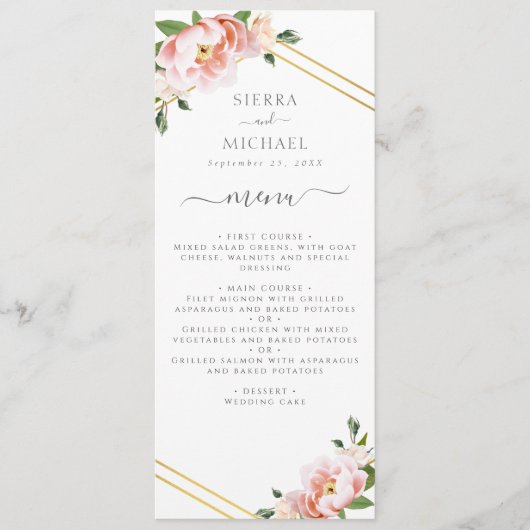 Bloemen Blush Goud Mint Groen Bruiloft Receptie Menu (Voorkant)
