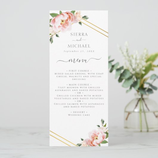 Bloemen Blush Goud Mint Groen Bruiloft Receptie Menu (Staand voorkant)