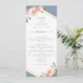 Bloemen Blush Goud Stoffig Blauw Bruiloft Receptie Menu (Staand voorkant)