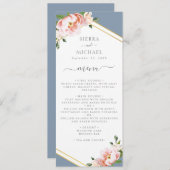 Bloemen Blush Goud Stoffig Blauw Bruiloft Receptie Menu (Voorkant / Achterkant)