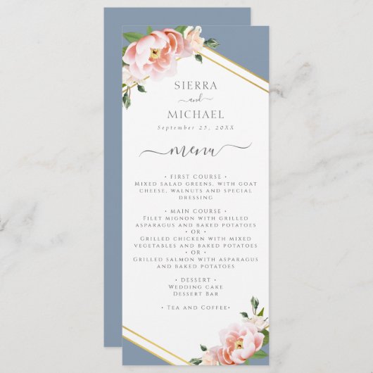Bloemen Blush Goud Stoffig Blauw Bruiloft Receptie Menu (Voorkant / Achterkant)