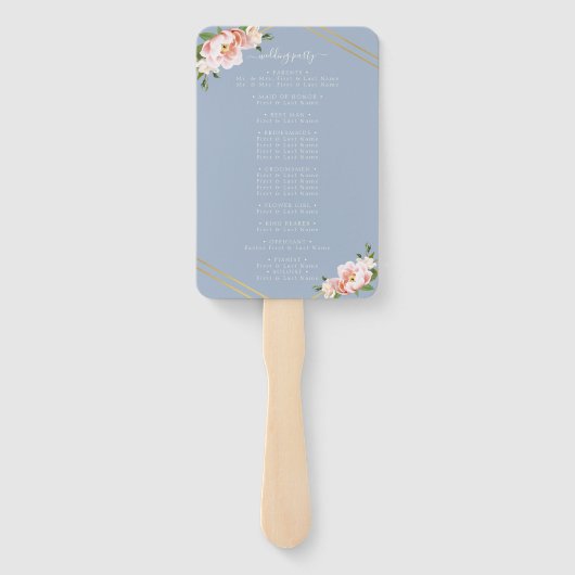 Bloemen Blush Goud Stoffig Blauw Huwelijksprogramm Handwaaier (Achterkant)