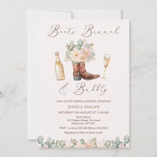 Bloemen Blush Laarzen Brunch Bubbly Vrijgezellenfe Kaart (Voorkant)
