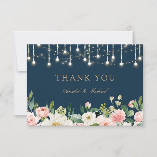 Bloemen Blush Navy String Lights Bedankt Card (Voorkant)