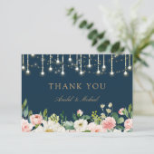 Bloemen Blush Navy String Lights Bedankt Card (Staand voorkant)