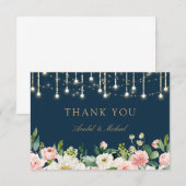 Bloemen Blush Navy String Lights Bedankt Card (Voorkant / Achterkant)