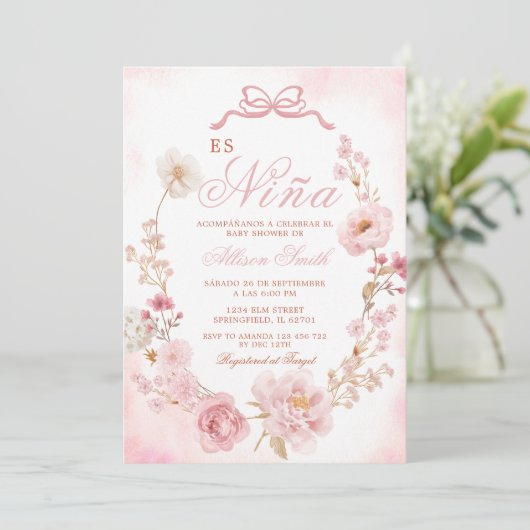 Bloemen Blush Pink Es Nina Spaans Baby shower Kaart (Staand voorkant)