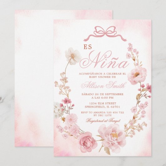 Bloemen Blush Pink Es Nina Spaans Baby shower Kaart (Voorkant / Achterkant)