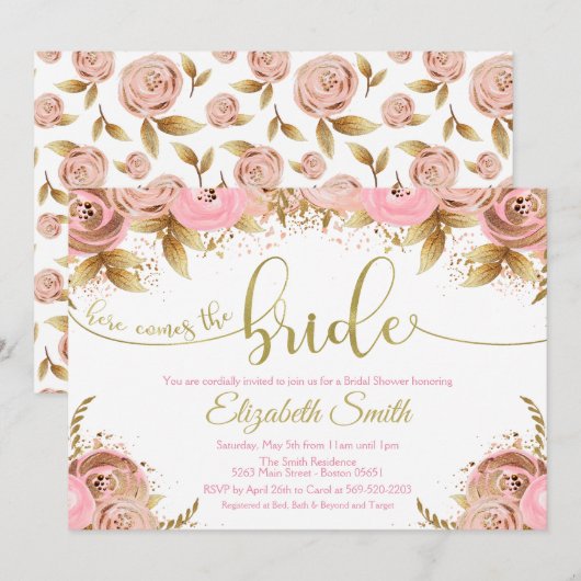 Bloemen Blush Pink & Gold Bruids Douche Uitnodigin Kaart (Voorkant / Achterkant)